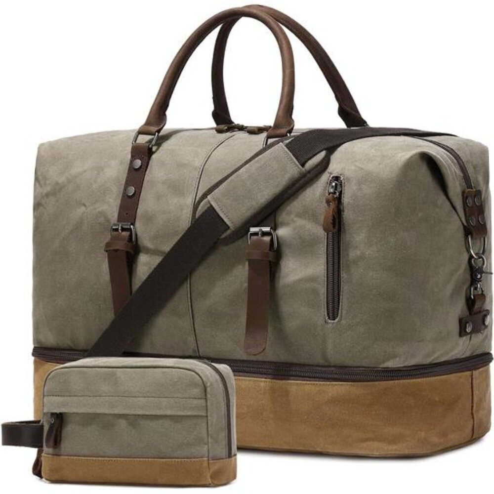 Waxed Canvas Duffel Bag Green Leather Weekend Travel